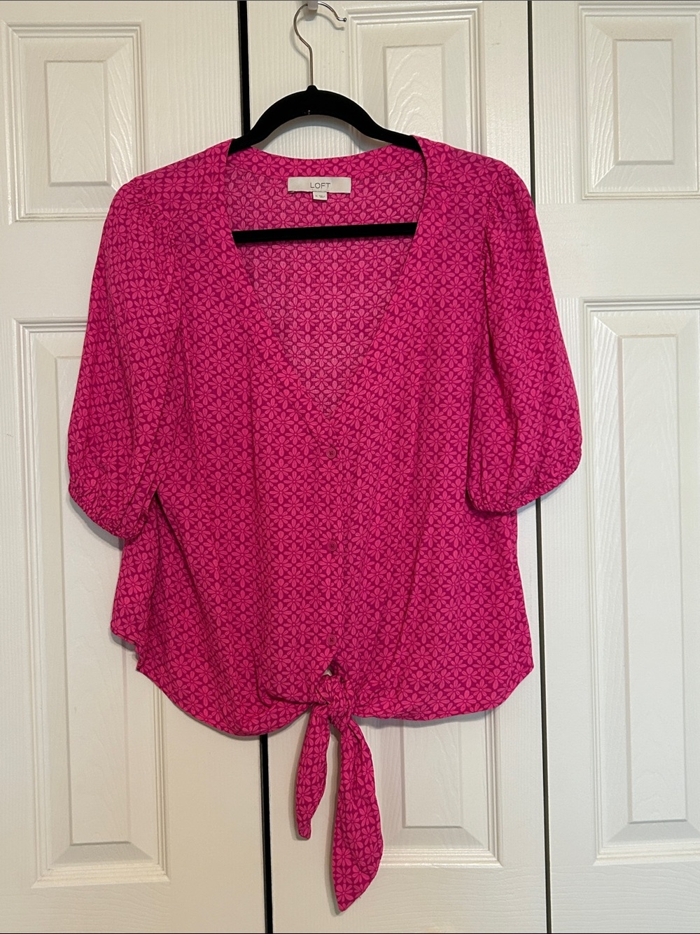 LOFT Fuchsia Tie-Front Blouse with Geometric Print